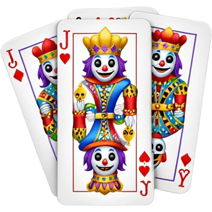 bunch of 3 poker cards, with crazy colorful jolly jokers inside emoji