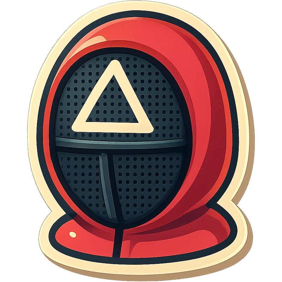 retro sticker style icon of the Squid Game triangle guard mask, bold and playful emoji