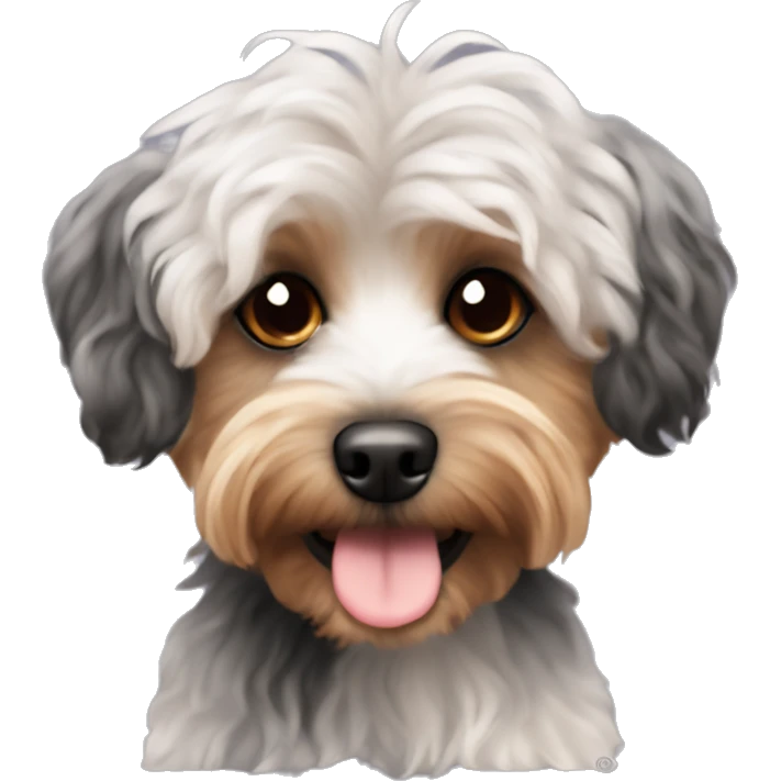 Yorkipoo with curly black and brown hair and white chest emoji