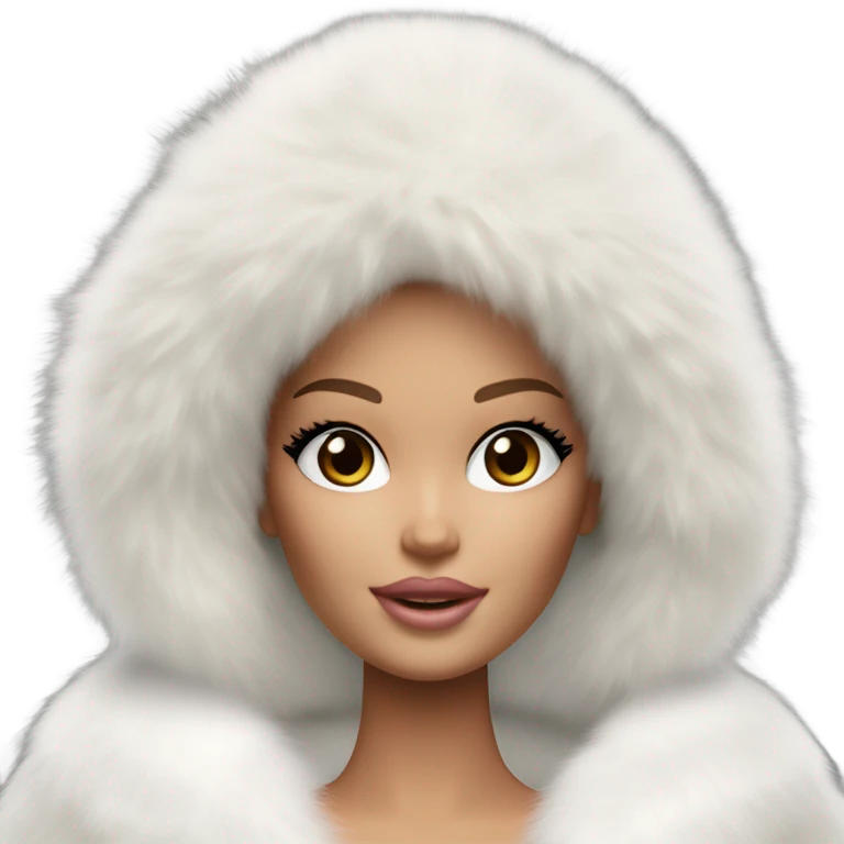Barbie in an extremely big fluffy oversized white fur coat with hood on. The fur is real and it’s very obvious big and fluffy like in Pinterest  emoji