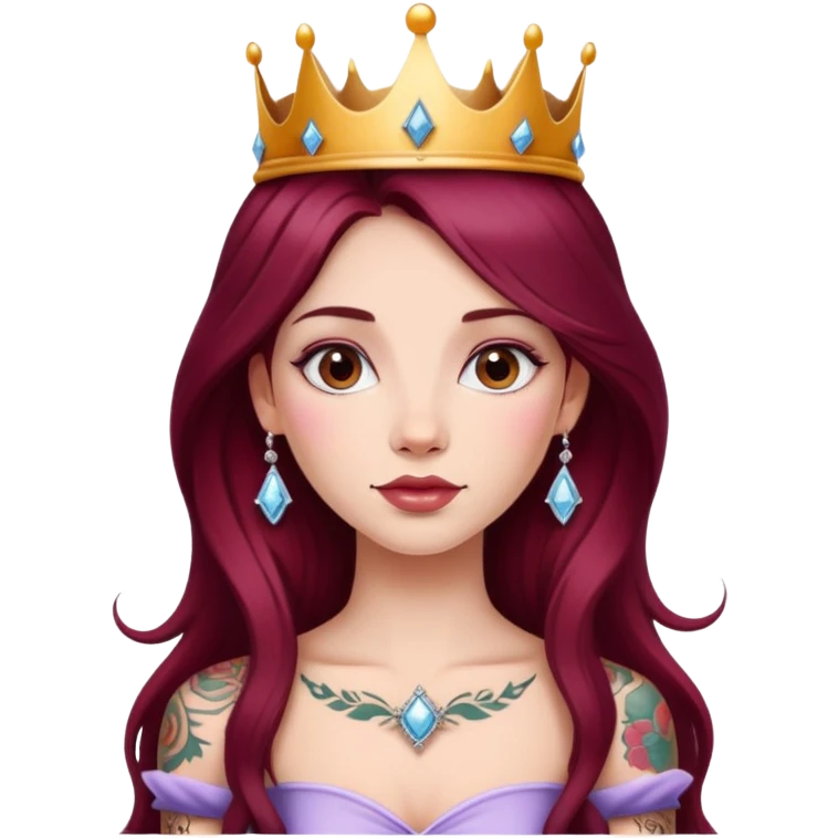 Beautiful tattooed long burgundy haired girl wearing a princess crown emoji