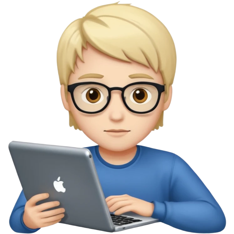 young coder using a laptop and referencing a tablet emoji