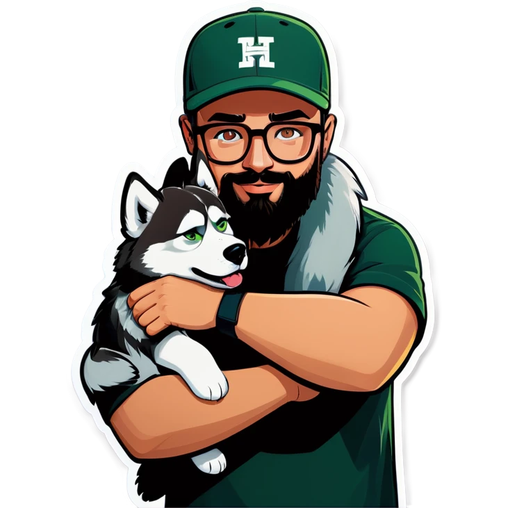 A bold man with a grey baseball cap, green eyes, big beard and glasses hugging a husky emoji
