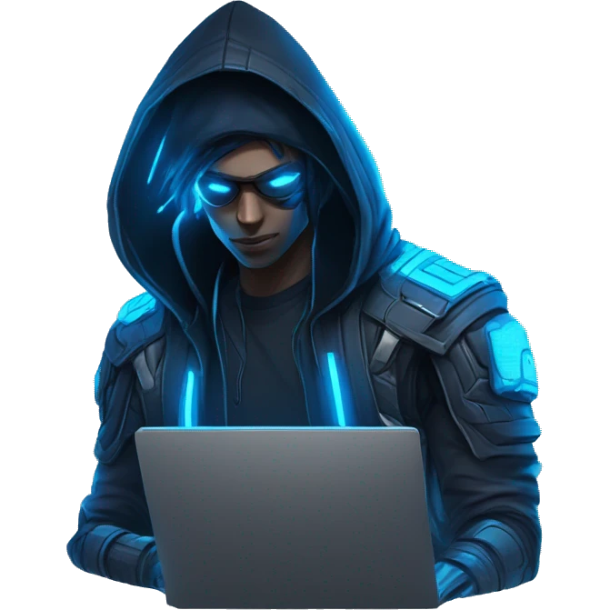 developer behind his laptop with this style : crysis Cyberpunk Valorant neon glowing bright blue character blue black hooded assassin themed character emoji