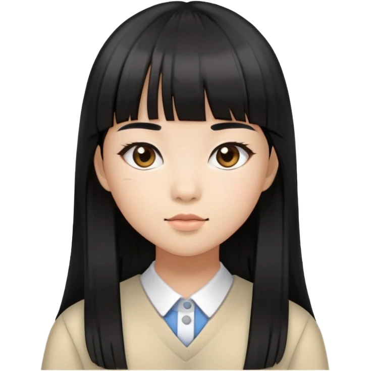 schoolgirl with Asian skin tone, long black hair, and straight cut bangs emoji