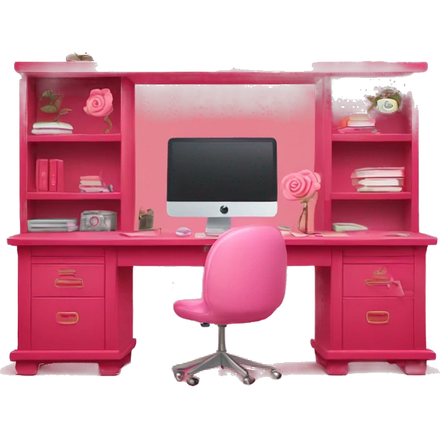 Rose red pink desk with shelves + decorations + rose red computer on top of desk.  emoji