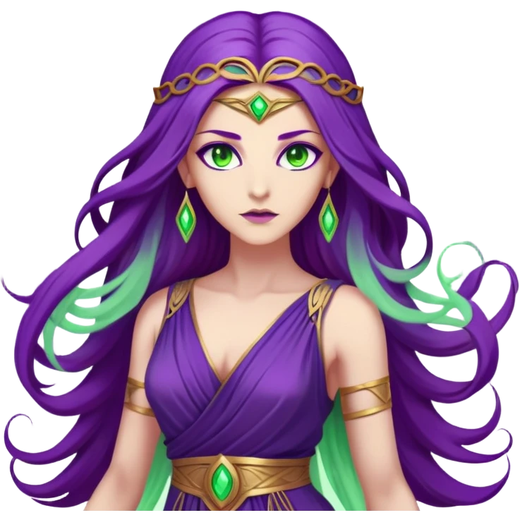 a powerful woman with beige skin, long flowing purple hair, and glowing green eyes. She wears an elegant, ancient Greek-style dress and is surrounded by purple magical energy.” emoji