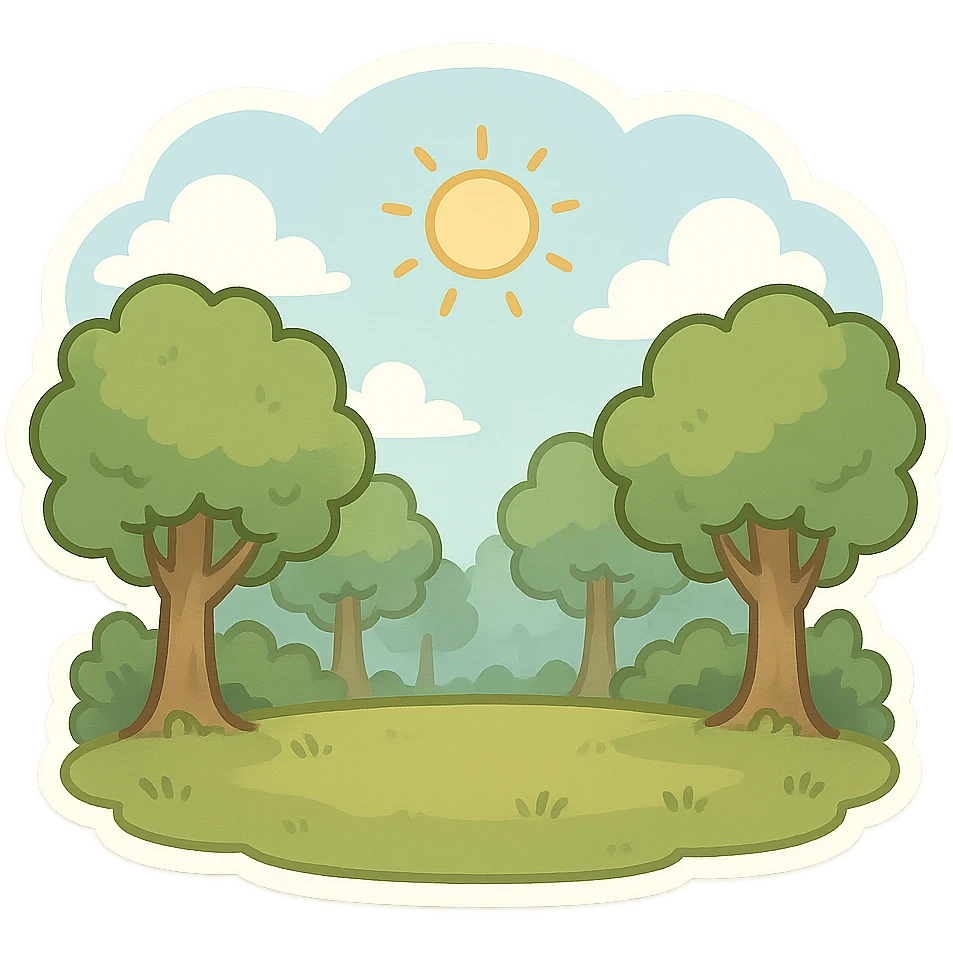 一张森林场景，中间是一片空地，蓝色天白云，太阳 emoji