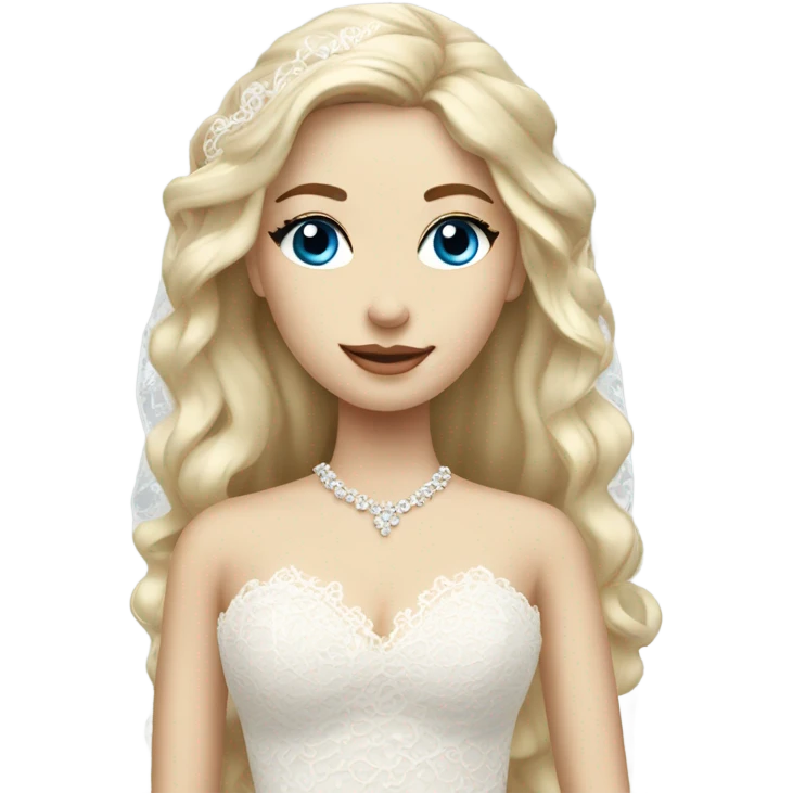 Beautiful blond girl with blue eyes and long lace wedding dress emoji