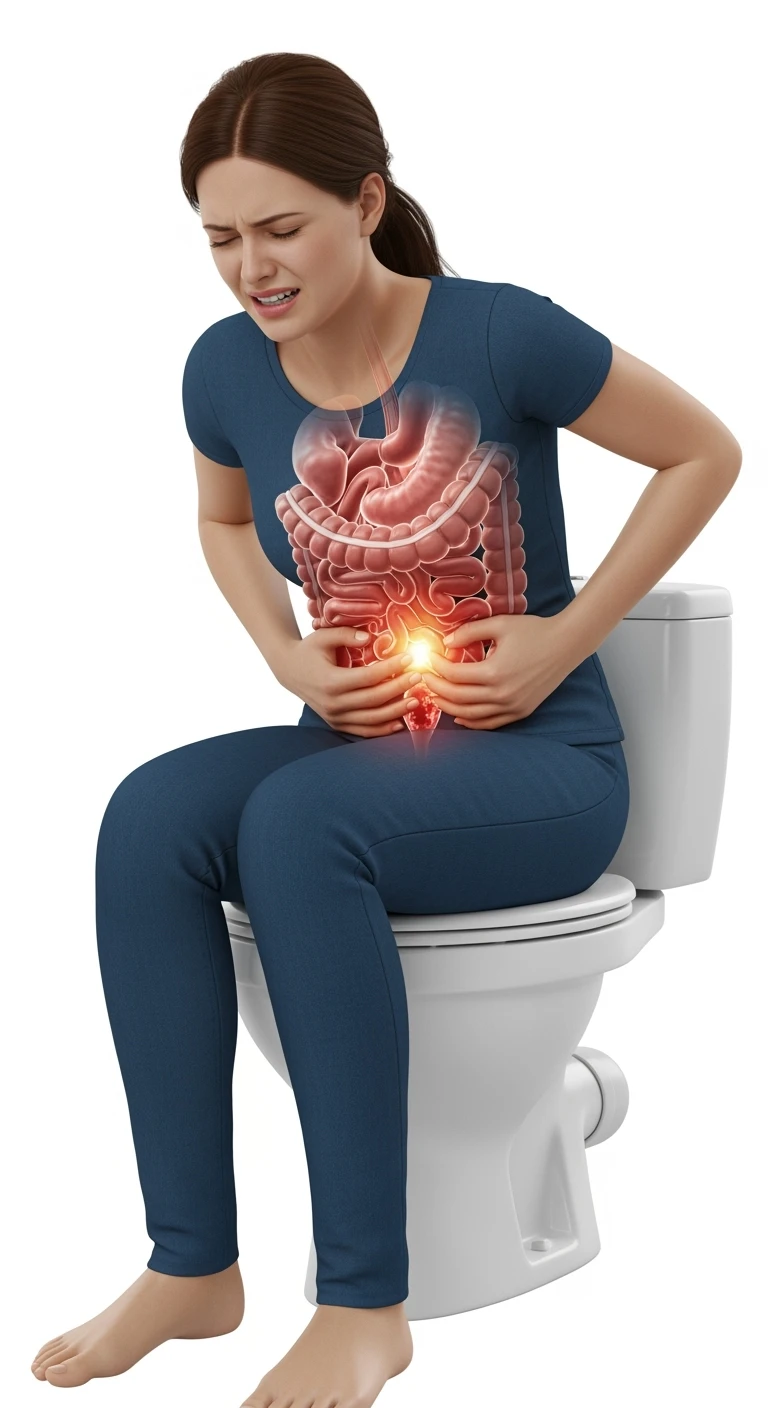 DONNA CON PANCIA DOLORANTE E INTESTINO UMANO ANATOMICO VISIBILE seduta sul wc che si sforza, ISOLATO SU SFONDO BIANCO emoji