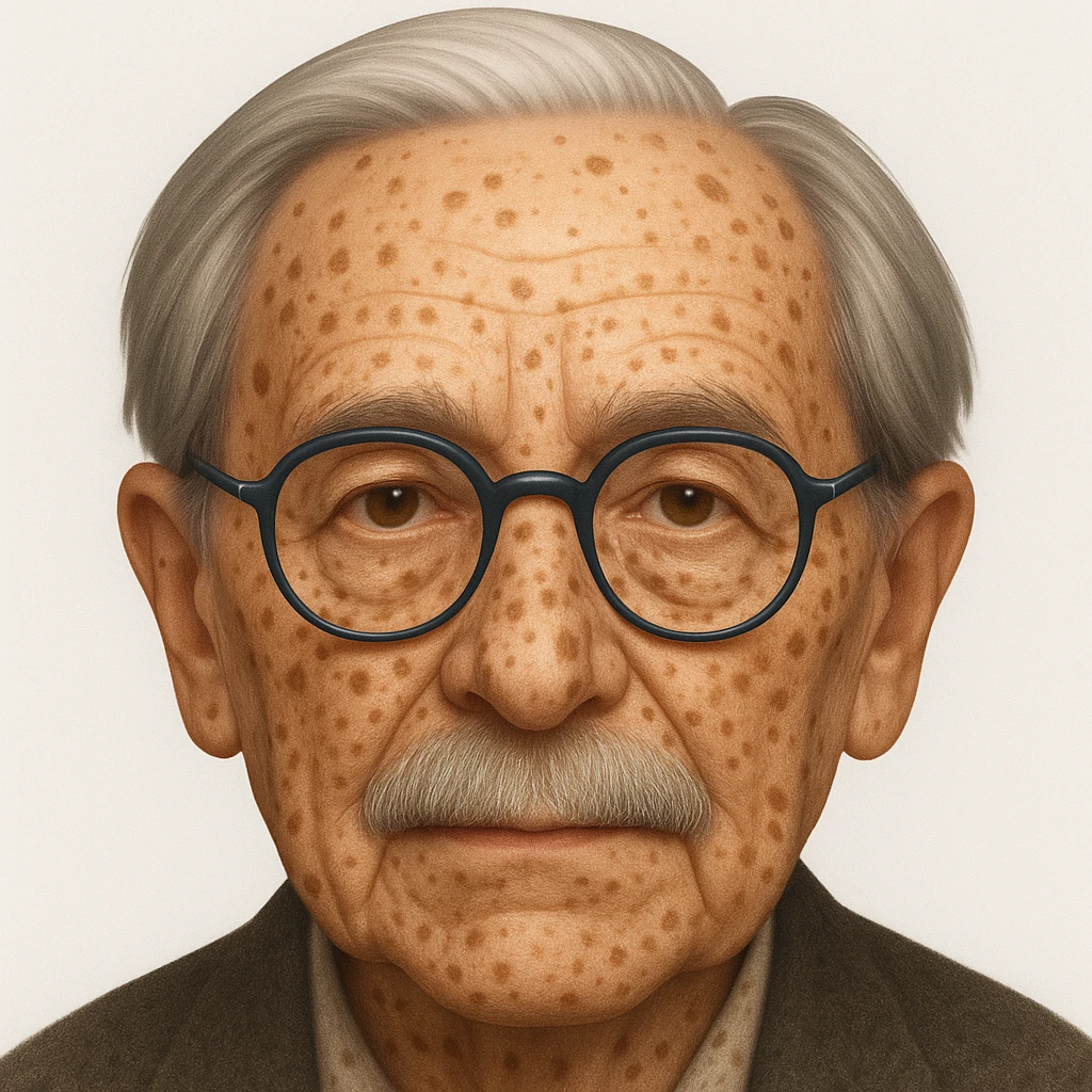 Add more age spots and freckles, and make the face more closely resemble Hans Jonas, German philosopher, while keeping the emoji style. emoji