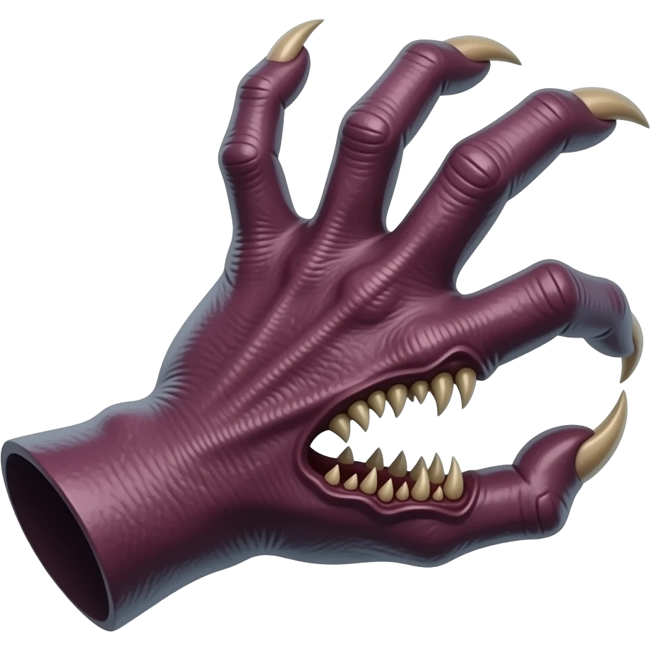 Long dark Demonic hand with sharp claws. Make the hand reach out to attack and slash towards the right of the image violently. Shift the perspective to a side profile to show the curvature and length of the claws more clearly. emoji