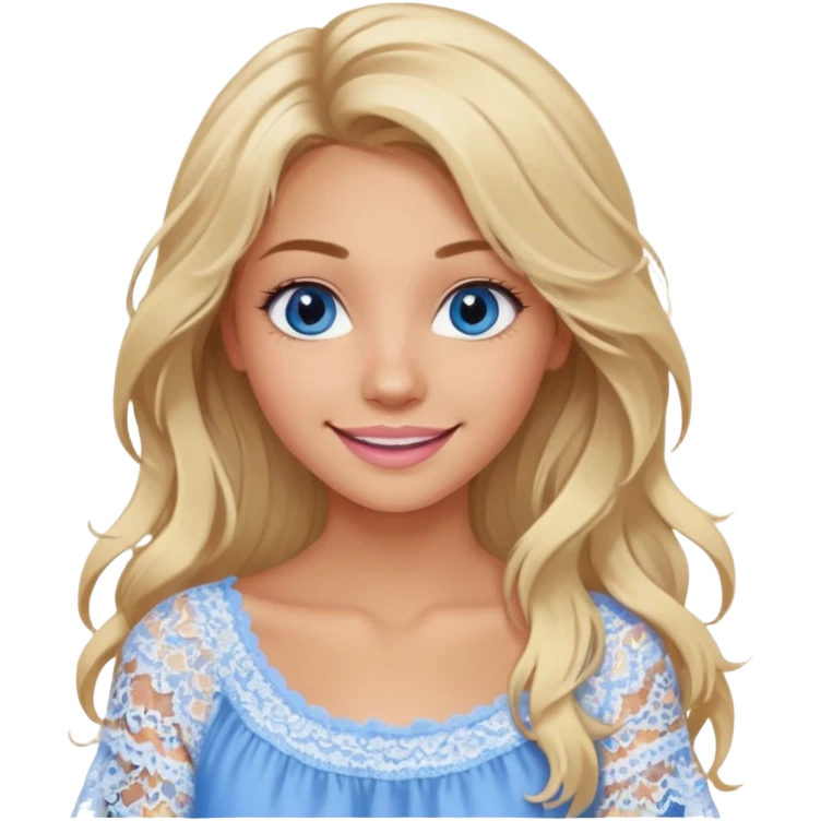create an emoji of a young woman, tanned face, smile. she has an innocent natural look, very messy extremely long blonde hair, blueeyes, natural soft pink lips. she wears a very loose very white lacy top emoji