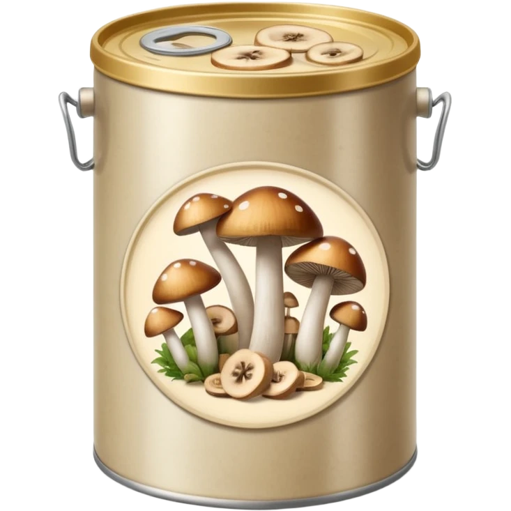 open metal can with light beige mushroom slices in brine, no label or extras, soft lighting, subtle shadows, emoji scale emoji