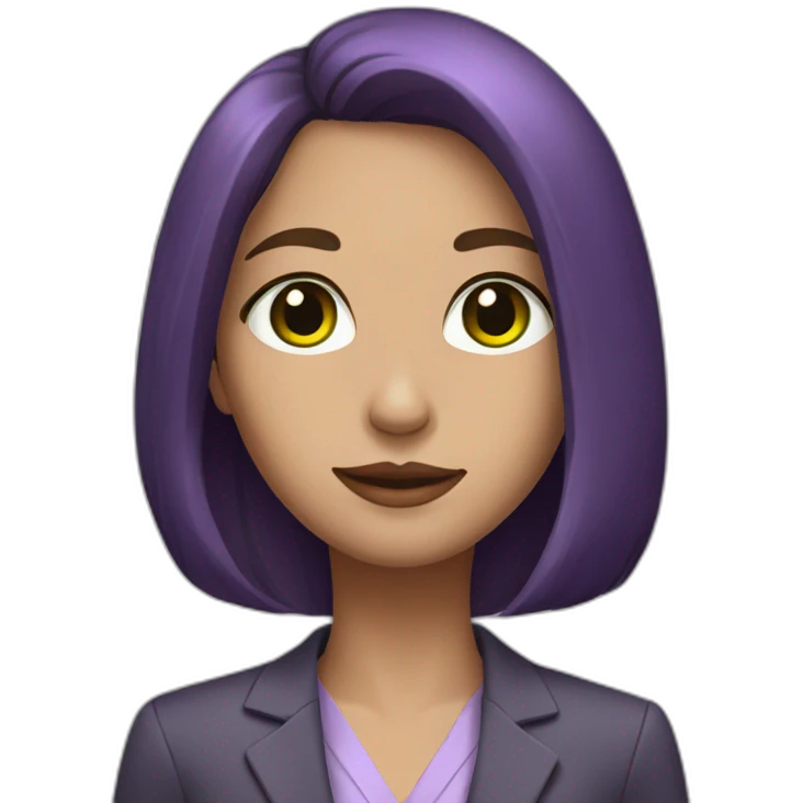 girl with brown-haired bob, green eyes, purple skin, suit emoji