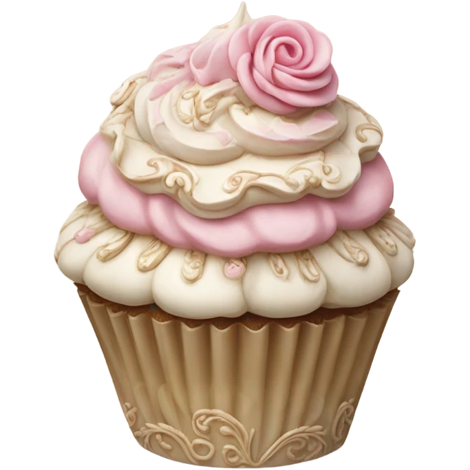 Realistic, detailed rococo cupcake, beige and pink emoji