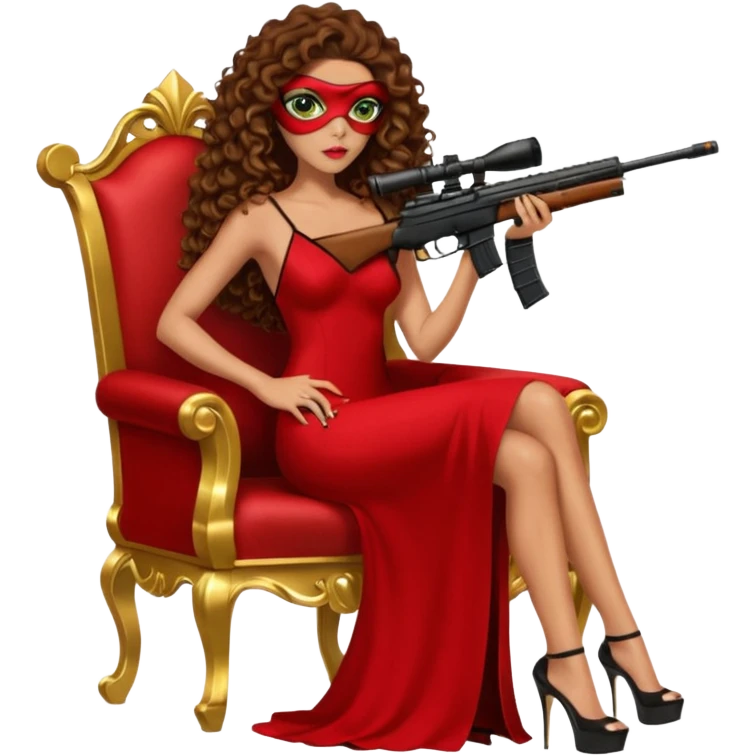 Drug dealer female green eyes symbol.  hair is brown curly long hair. sexy long with long red and black dress and face cover on that covers her mouth only. black stiletto platform high heels shoes on. Holding sniper rifle sitting on a gold throne. emoji