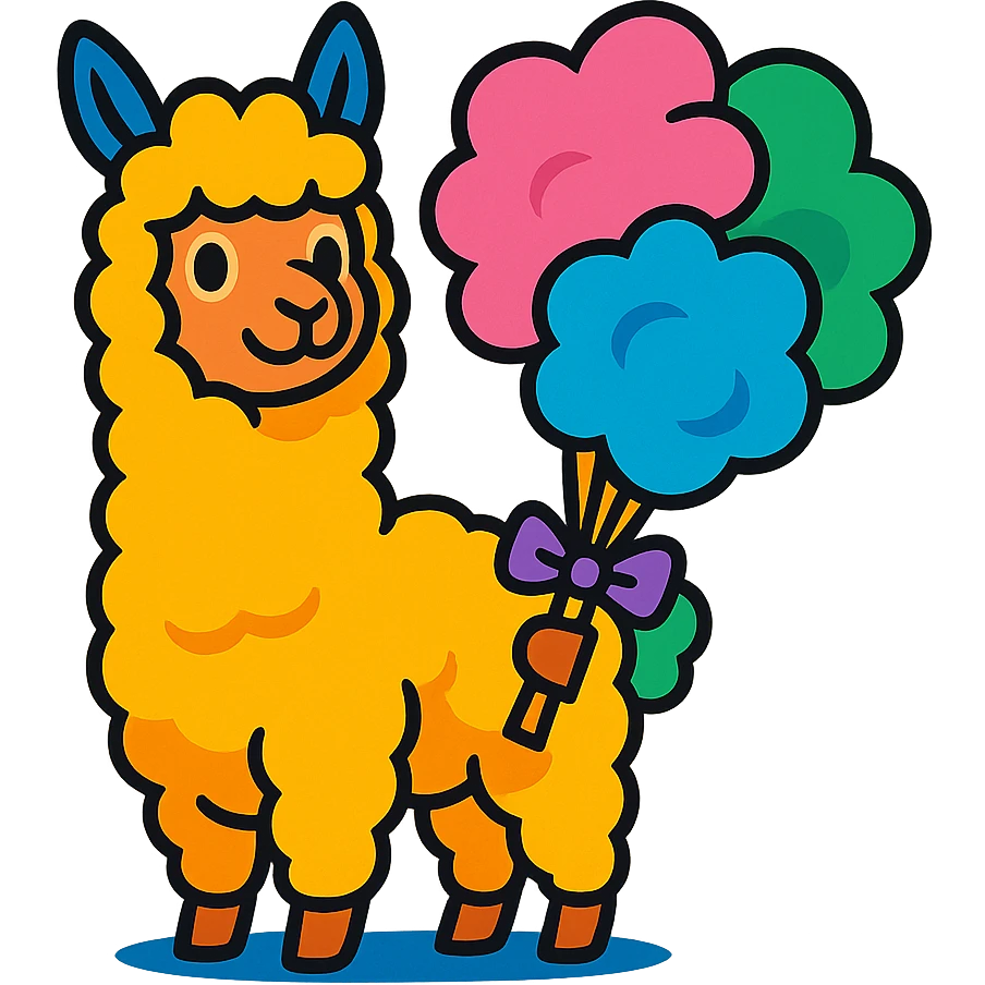 alpaca holding cotton candy bouquet in vibrant-toon style emoji