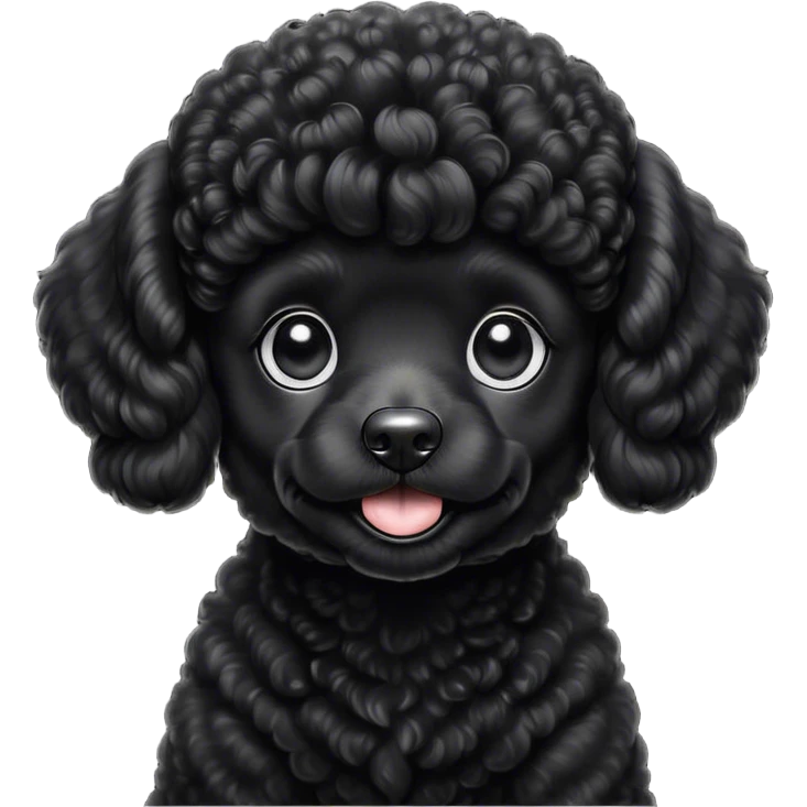 Cinematic Cute Black Poodle Portrait Emoji, Head tilted playfully and inquisitively, showcasing a bouncy, curly jet-black Fur with a striking sheen, round, sparkling dark eyes filled with curiosity, Simplified yet irresistibly adorable features, highly detailed, glowing with a warm, friendly glow, high shine, affectionate and lively, stylized with a touch of whimsy, bright and endearing, soft glowing outline, capturing the essence of a mischievous yet loving companion, so playful it feels like it could bounce out of the screen and into your arms! emoji