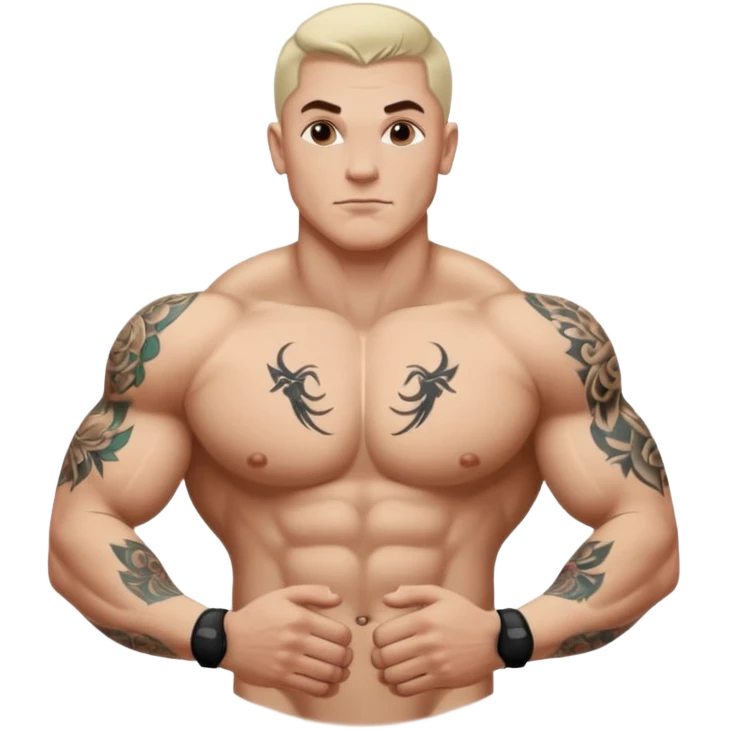 tattoo man, white skintone, more highlight the tattoo, body builder, tatto on fully chest, more tattoos on the body. emoji