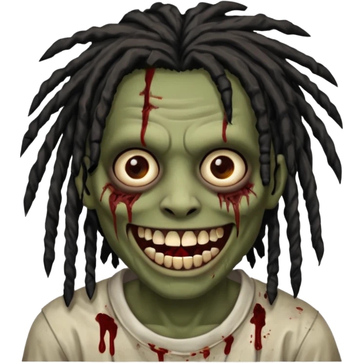 zombie with brown skin, messy black dreads hair, wide centered brown eyes, dark bloody marks under the eyes, and a smile showing crooked teeth grillz, giving a distressed, undead look. emoji