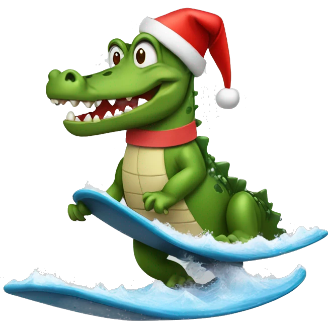 Crocodile surfing with Christmas hat  emoji