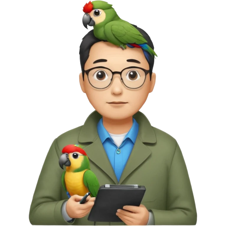 Middle-aged asian male vet – glasses, coat, writing notes on clipboard with parot on head emoji