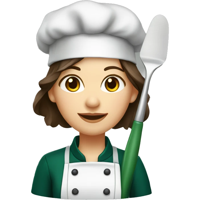 Female chef with long brown hair and hazel eyes wearing a dark green chef’s coat and holding a spatula emoji