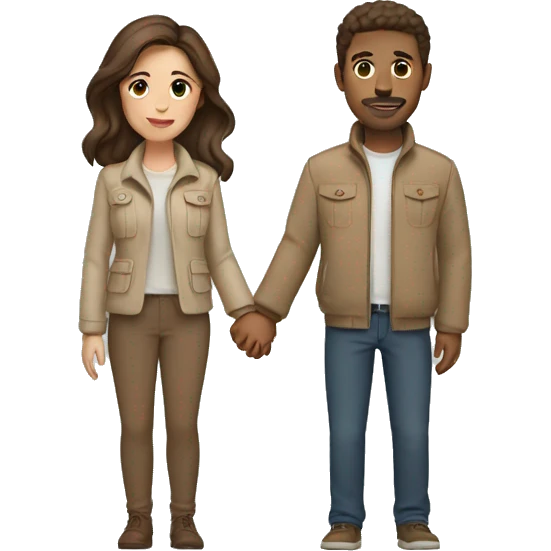 Couple with brown hair and beige jackets and brown pants holding hands emoji