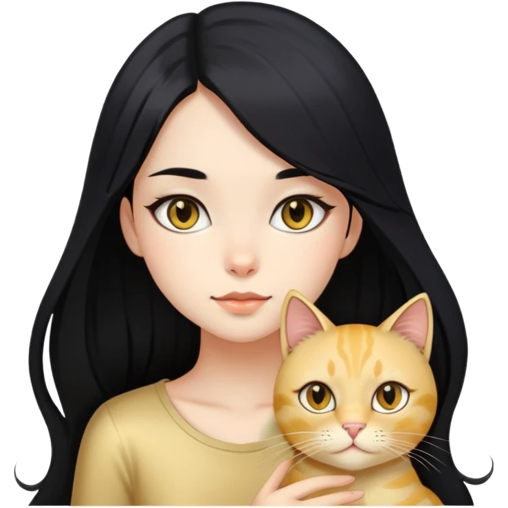 long black hair girl with black eyes with light gold cat emoji