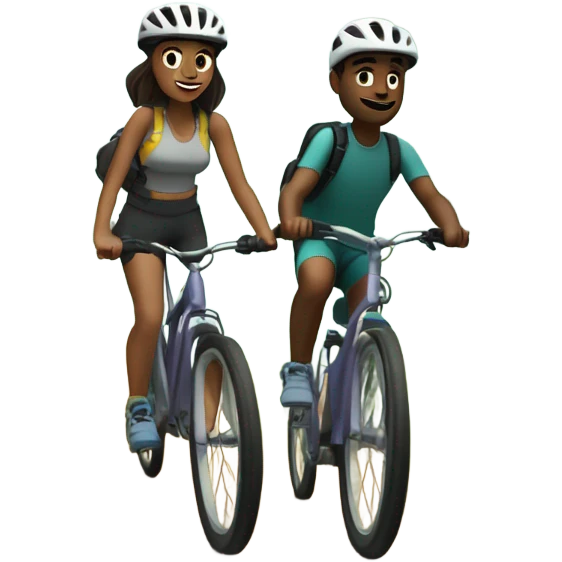 Caitlin mountain biking while Johnny runs along a trail emoji