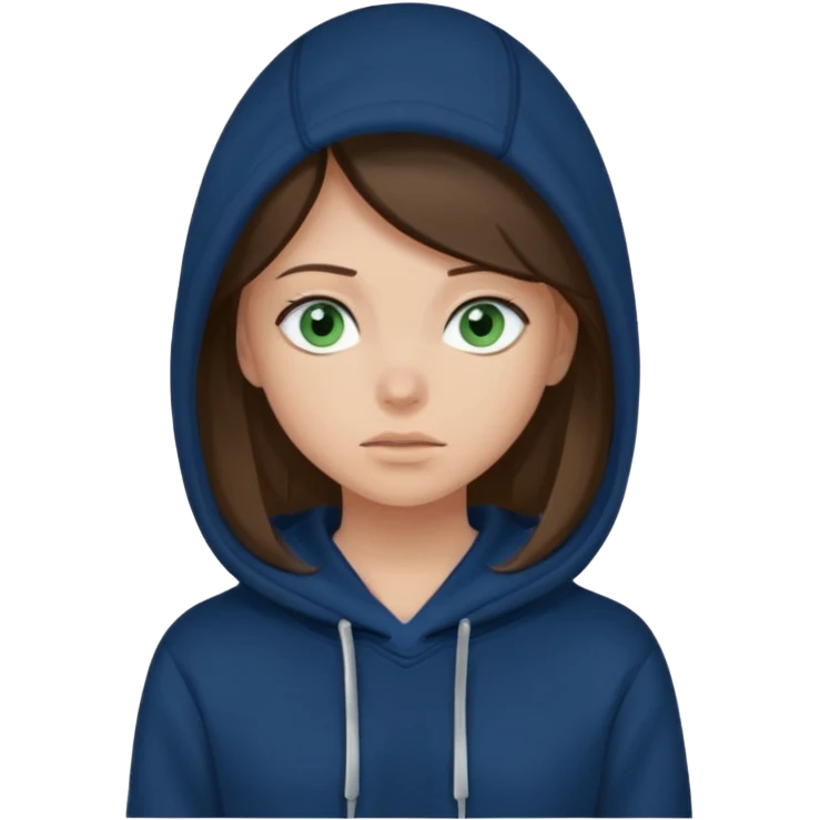 A brunette girl with blue eyes in a dark blue hoodie has a thought about a dark blonde green-eyed guy in a black hoodie over her head  emoji