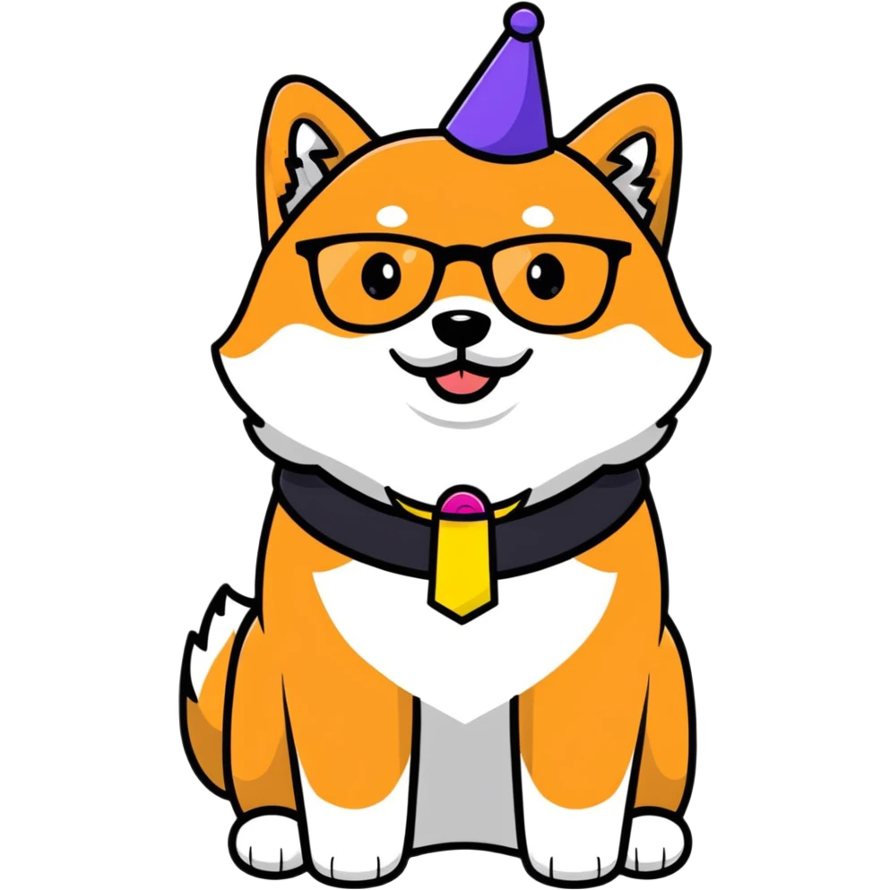 Shiba Inu wearing a "Birthday Vibes" sash and glasses, transparent background emoji