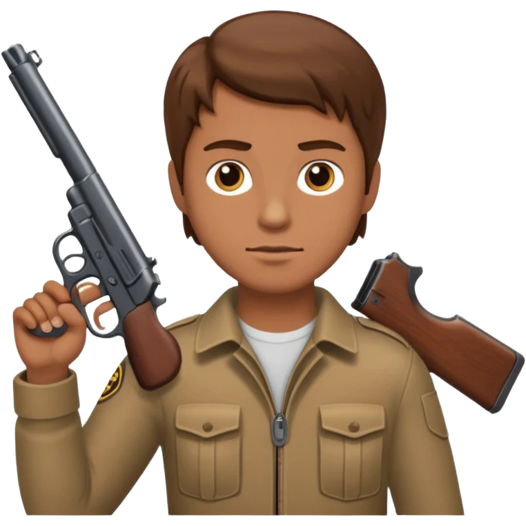 White guy with brown hair holding a gun like a cop would emoji