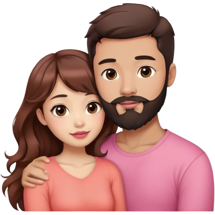 handsome asian man with beard, hugging cute woman with light tan skin, big black eyes, long wavy reddish brown hair, bangs, pink top, coral lipstick emoji