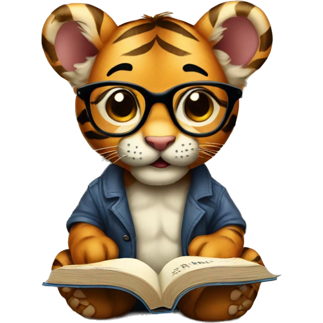 Baby tiger with glassess and reading book emoji