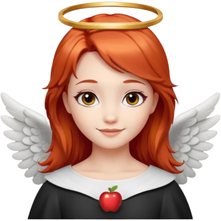 милая девушка ангел с нимбом и крыльями, с рыжими прямыми волосами по плечи, с черными макияжем глаз, тонкими бровями, с улыбкой, в стиле Apple avatar emoji