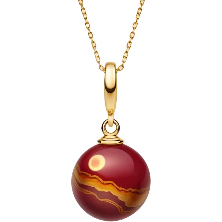 A polished round ball wine jasper pendant suspended from a delicate gold chain, like a drop of enchanted starlight, glowing with the warmth of passion and the quiet power of transformation emoji
