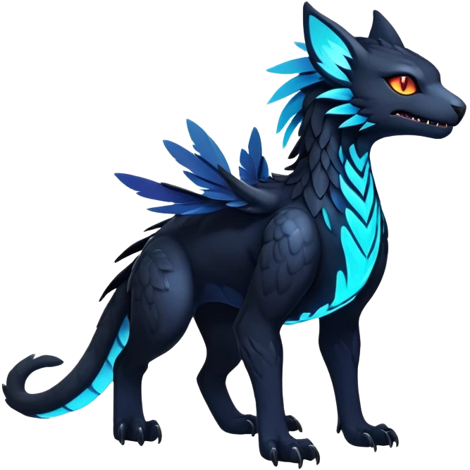 Black Dark Exotic Colorful Beaked Feathery Nocturnal Neon-glowing Abyssal Nightly Abyss-Cat-Gryphon-Salandit-Nargacuga-Silvally-Vernid-Sergal-Fakémon-Hybrid-Creature (full body) emoji