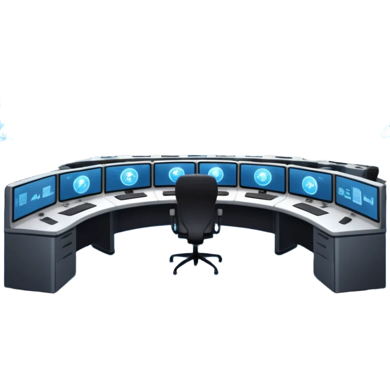 Cinematic mission control center, massive curved video walls with complex telemetry and glowing data visualizations, symmetrical high-tech workstations, dim blue and amber ambient lighting, sharp focus, hyper-realistic, atmosphere of absolute precision. emoji