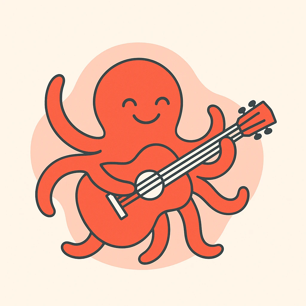 happy octopus with multiple arms playing guitar emoji