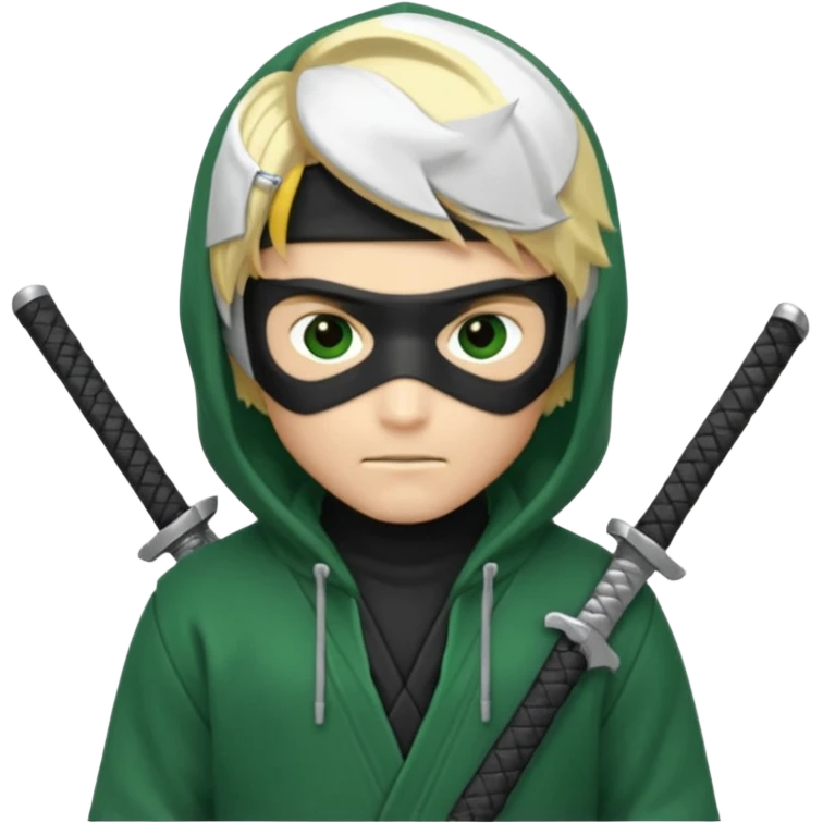 Green ninja Lloyd garmadon blonde hair, kaptur hoody on his head but blonde grzywka visible; the bottom left one is best (the one without miecze + black band + no mask of face) but add miecz; I want no band on head ; I don’t want any band on forehead emoji