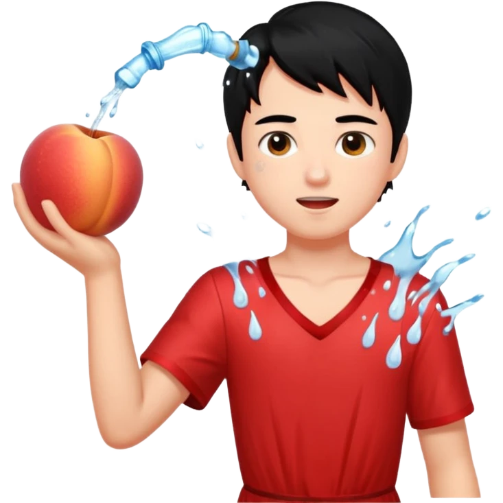 a peach splashing water in boy's mouth above his with black hair and red dress emoji