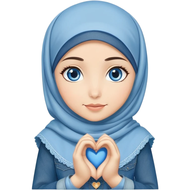 Turkish beautiful finish Konya girl blue eyes with denim hijab islamic dress and making heart with hands and with thank you text emoji