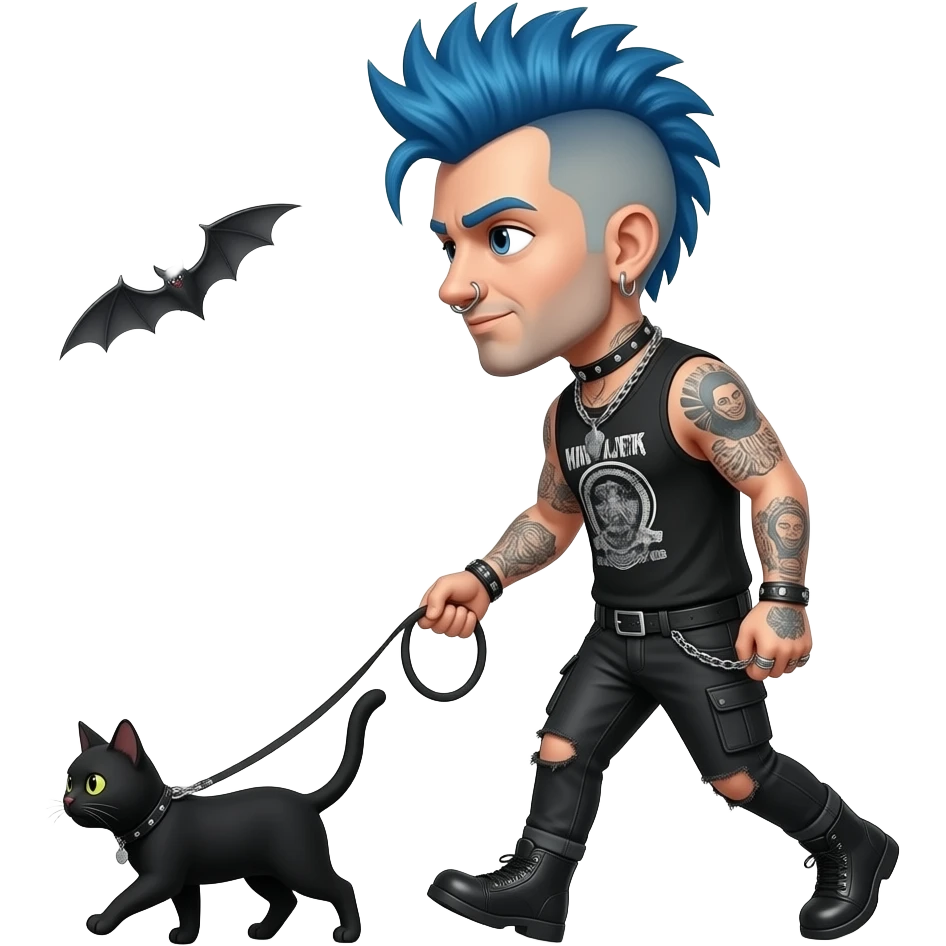 Punk rock Man with blue hair and tattoos and nose ring walking a black cat on leash and a bat fluttering around emoji