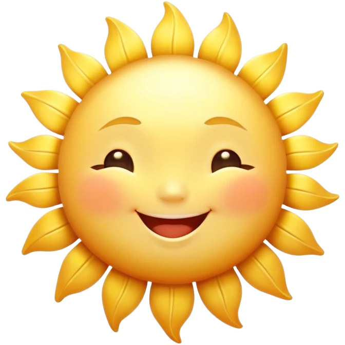 Cinematic tiny happy sun, golden and round, chubby with a warm smile, gentle rays beaming softly, radiating warmth and happiness, irresistibly cute. emoji