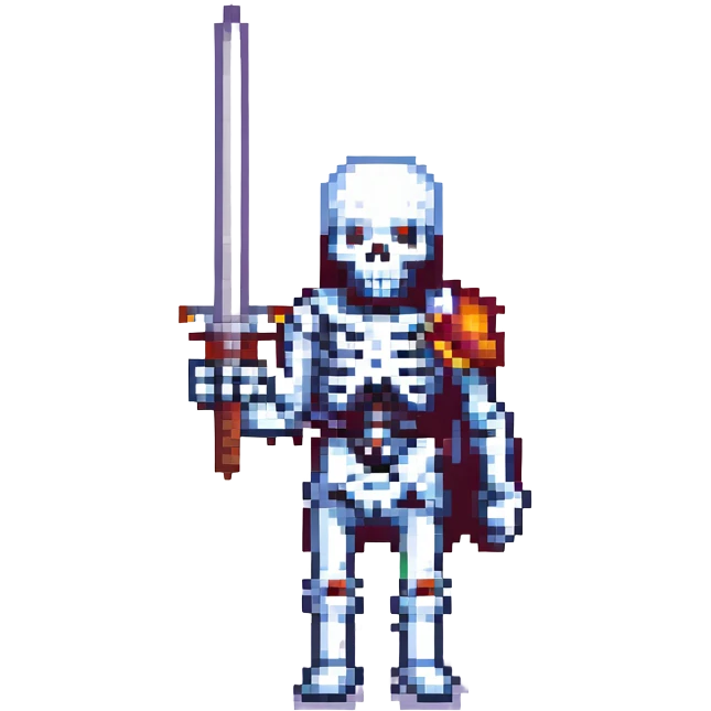 pixel art skeleton with a sword, retro game look emoji