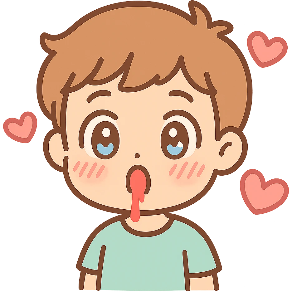 anime-style emoji of a surprised boy, wide eyes, nosebleed, blushing, hearts circling the head emoji