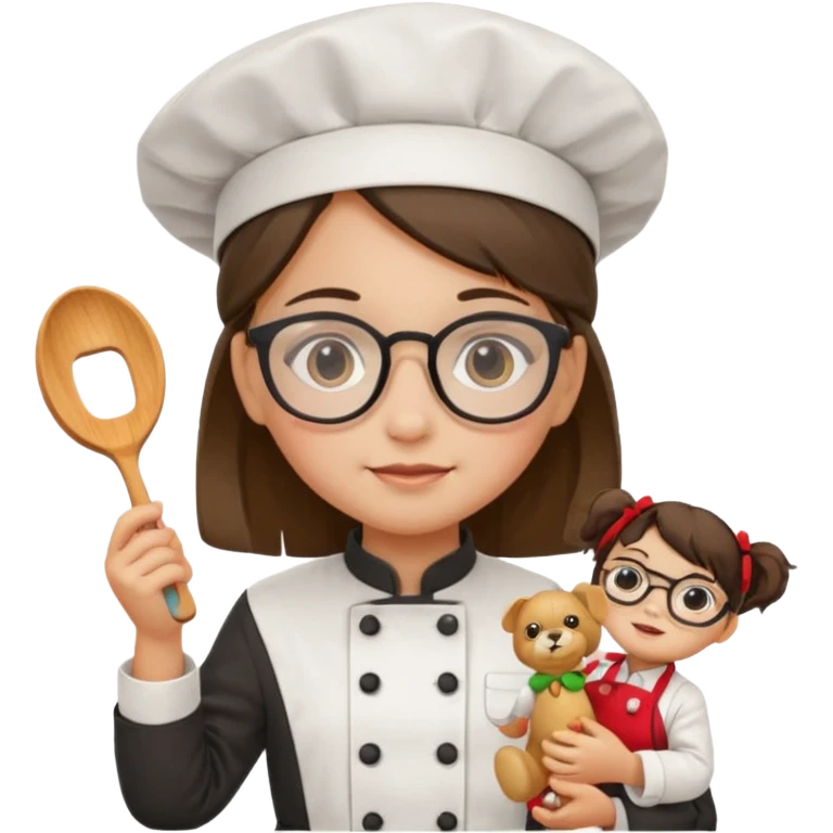 girl kid italian chef, uniform, wearing glasses, holding toy emoji