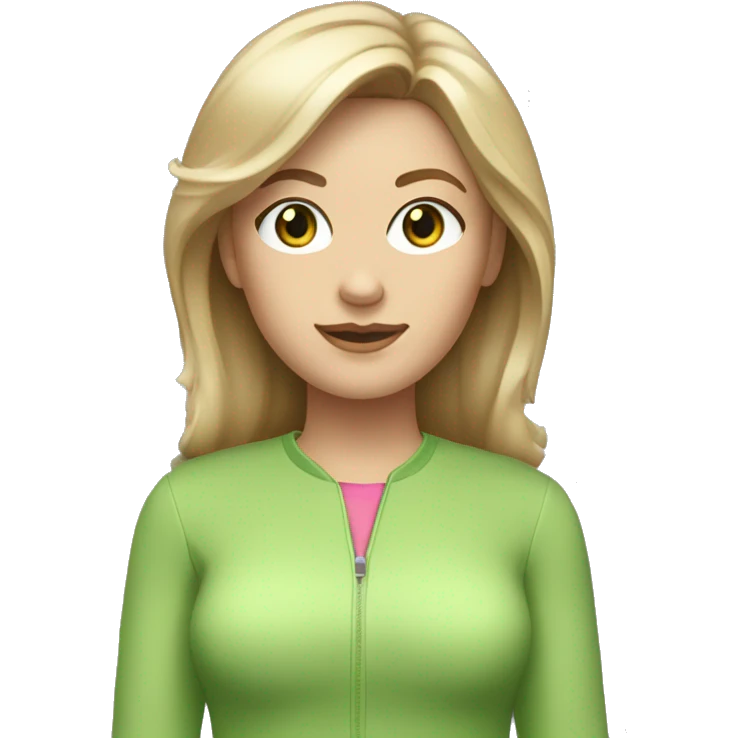 White woman dark blond hair  pink  full body jumpsuit with light green eyes emoji